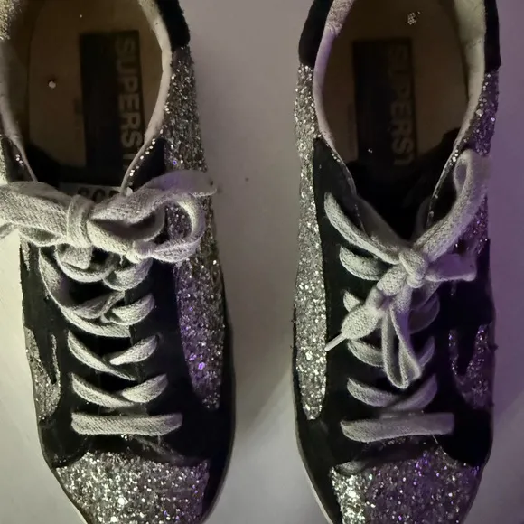 Golden Goose Black and Silver Glitter Athletic Shoes