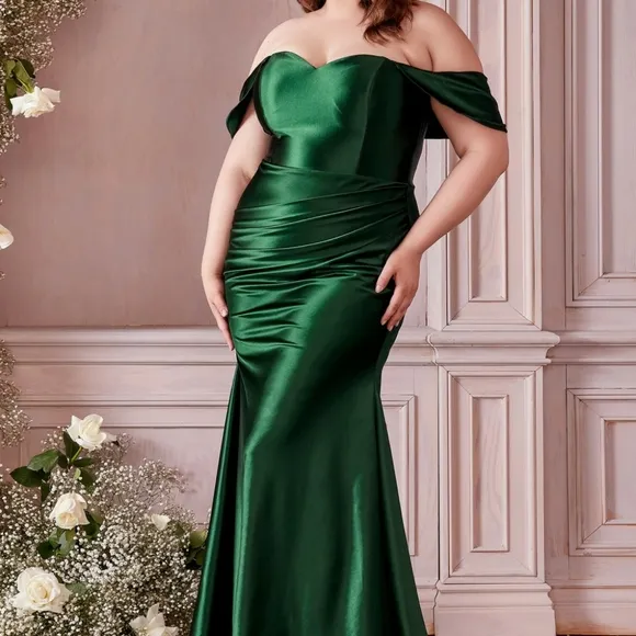 Green, black, gold, plus size fitted off shoulder long gown