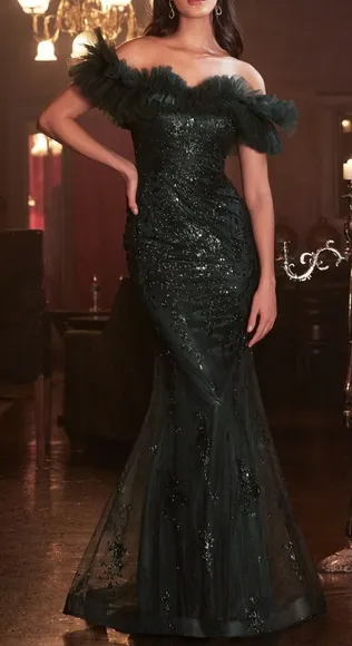 Green, blue,..New long off the shoulder tulle glitter print sheath formal gown,