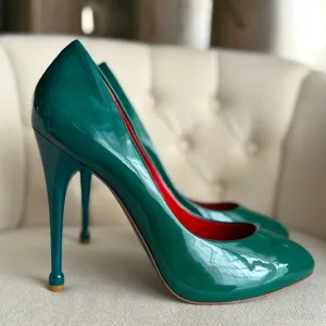 Green Stiletto Heels patent leather comfortable shoes round toe