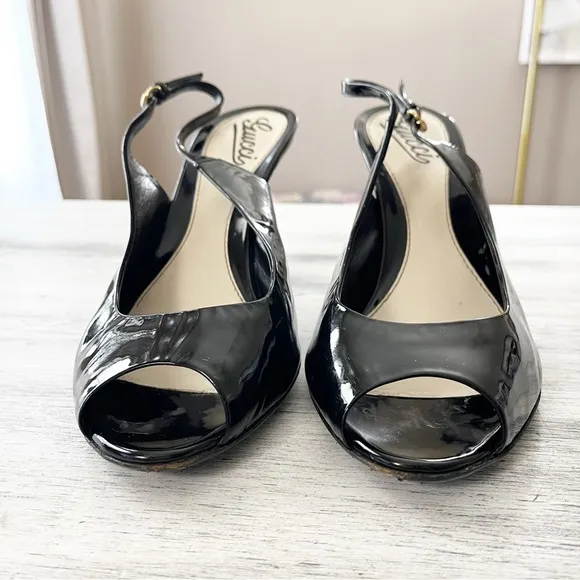 Gucci Black Patent Leather Slingback Peep toe Pumps Size 8.5B