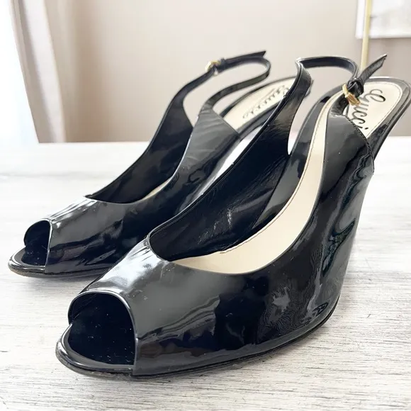 Gucci Black Patent Leather Slingback Peep toe Pumps Size 8.5B