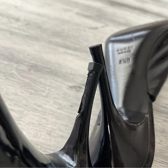 Gucci Black Patent Leather Slingback Peep toe Pumps Size 8.5B