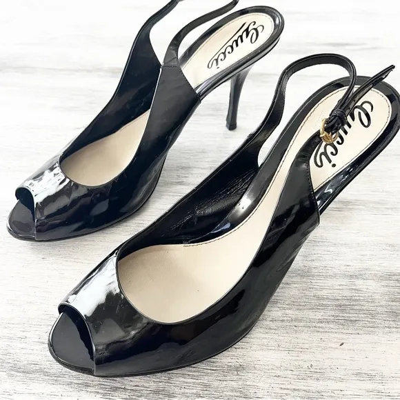 Gucci Black Patent Leather Slingback Peep toe Pumps Size 8.5B