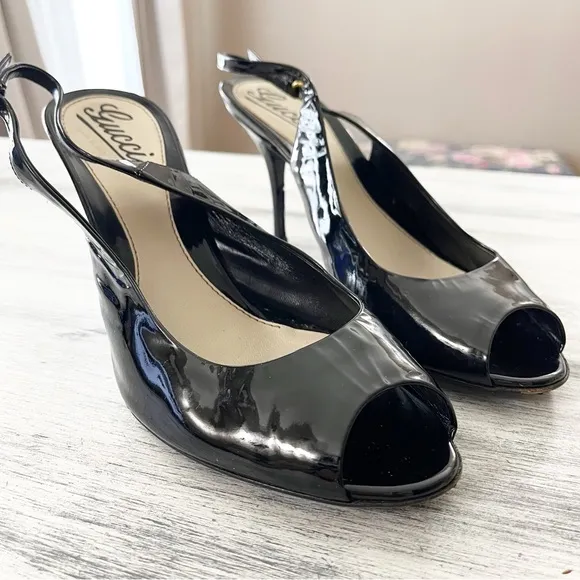 Gucci Black Patent Leather Slingback Peep toe Pumps Size 8.5B