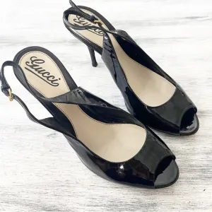 Gucci Black Patent Leather Slingback Peep toe Pumps Size 8.5B