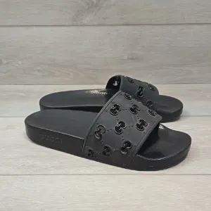 Gucci Women Pursuit Black Slide Sandals Iconic Logo Slide Shoes Sz 8