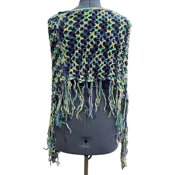Hand-Made Bohemian Crocheted Poncho/Shawl w/Fringe Multicolor 70's Style Hippie