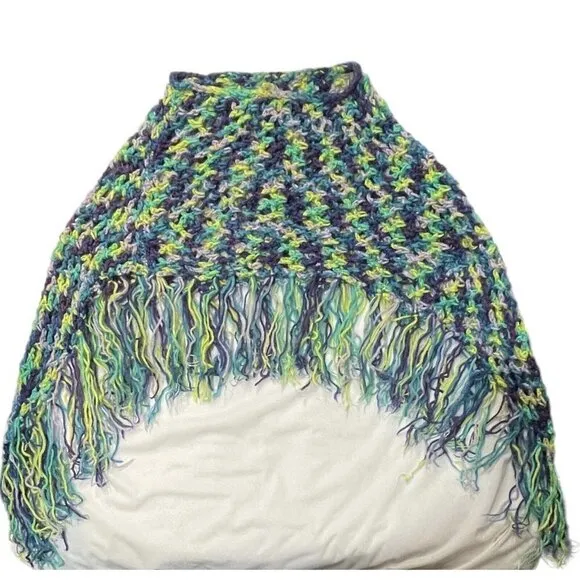 Hand-Made Bohemian Crocheted Poncho/Shawl w/Fringe Multicolor 70's Style Hippie