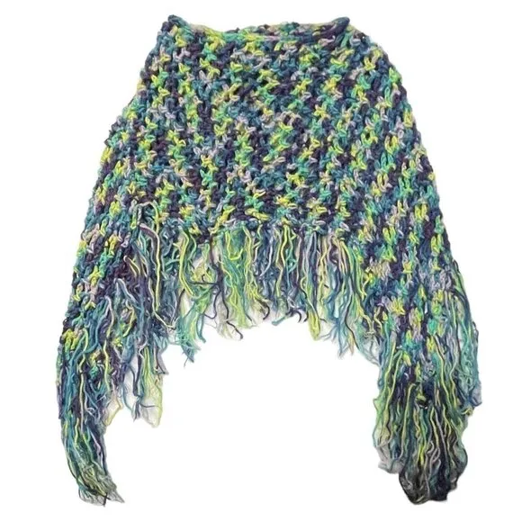 Hand-Made Bohemian Crocheted Poncho/Shawl w/Fringe Multicolor 70's Style Hippie