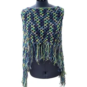 Hand-Made Bohemian Crocheted Poncho/Shawl w/Fringe Multicolor 70's Style Hippie
