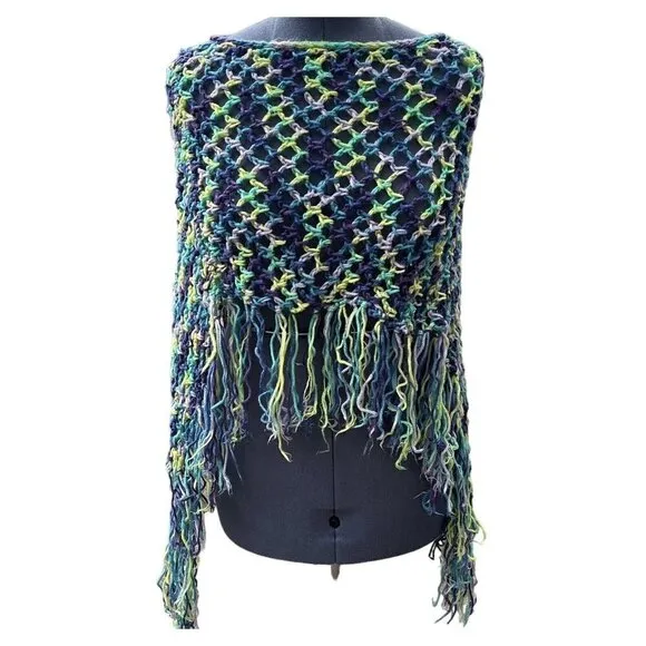 Hand-Made Bohemian Crocheted Poncho/Shawl w/Fringe Multicolor 70's Style Hippie