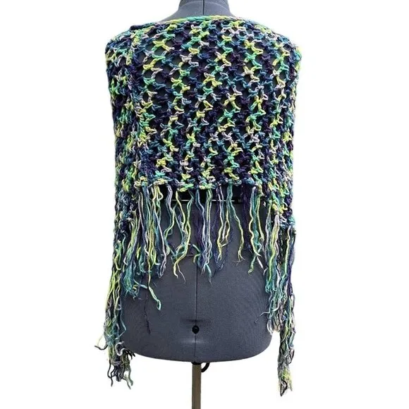 Hand-Made Bohemian Crocheted Poncho/Shawl w/Fringe Multicolor 70's Style Hippie
