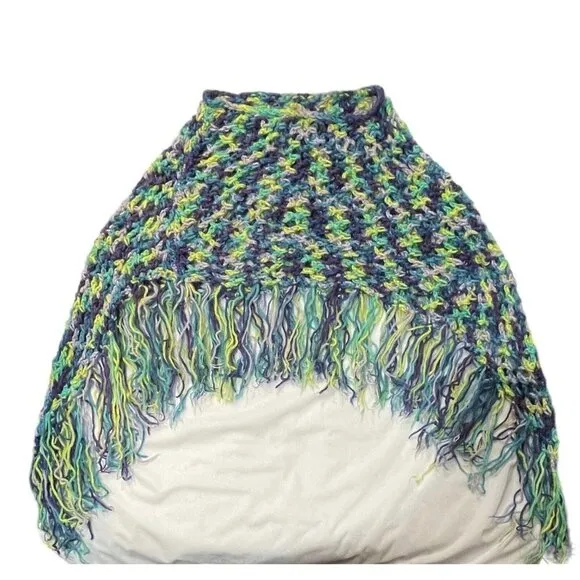 Hand-Made Bohemian Crocheted Poncho/Shawl w/Fringe Multicolor 70's Style Hippie