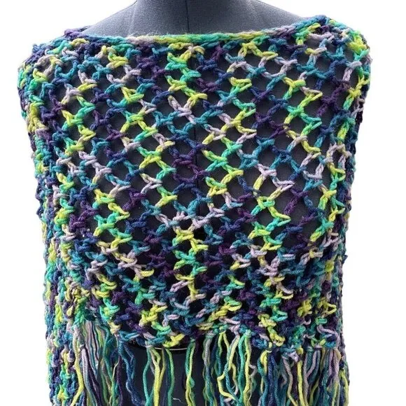 Hand-Made Bohemian Crocheted Poncho/Shawl w/Fringe Multicolor 70's Style Hippie