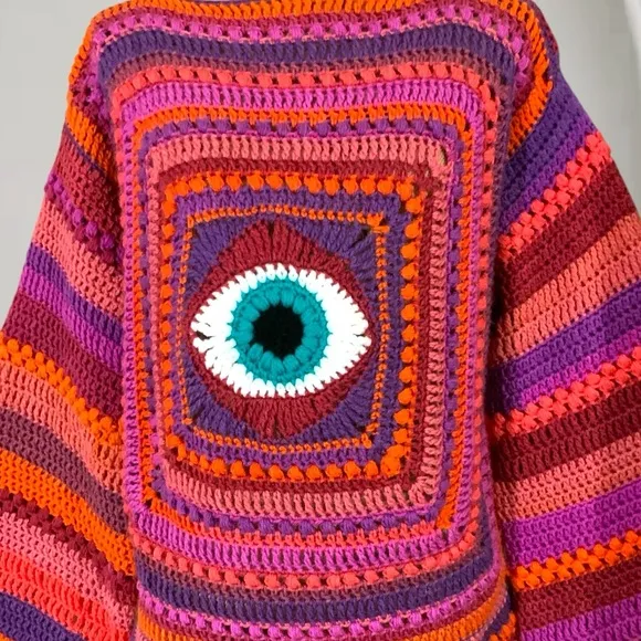 Handmade Crochet Evil Eye Sweater New Boho Eye Of Protection Pull Over