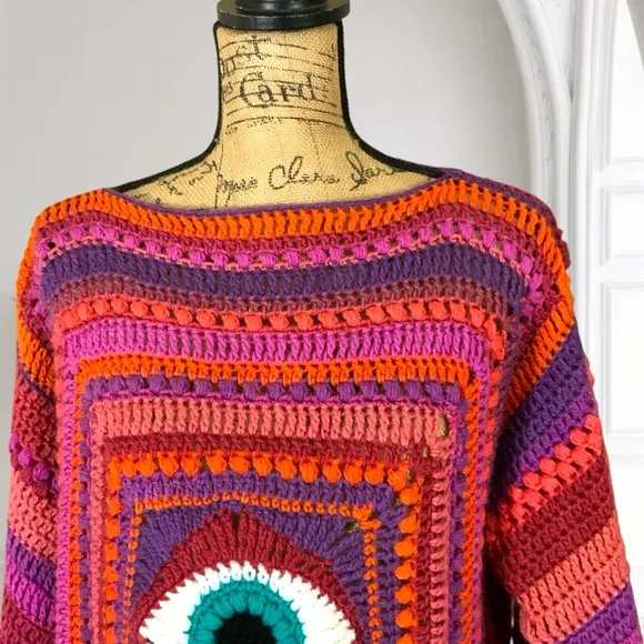 Handmade Crochet Evil Eye Sweater New Boho Eye Of Protection Pull Over