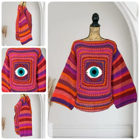 Handmade Crochet Evil Eye Sweater New Boho Eye Of Protection Pull Over