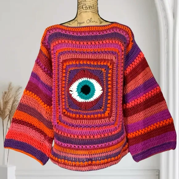 Handmade Crochet Evil Eye Sweater New Boho Eye Of Protection Pull Over
