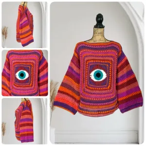 Handmade Crochet Evil Eye Sweater New Boho Eye Of Protection Pull Over