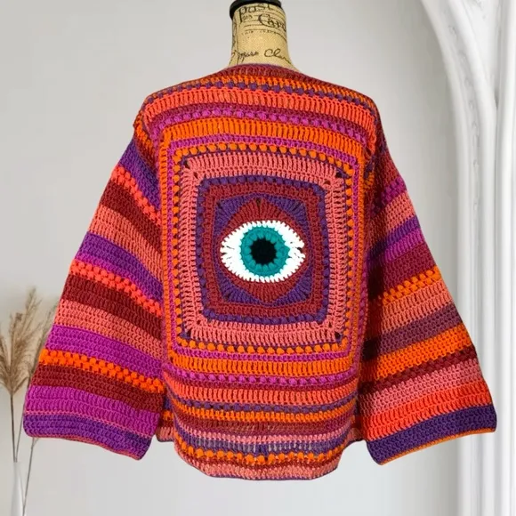 Handmade Crochet Evil Eye Sweater New Boho Eye Of Protection Pull Over