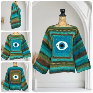 Handmade Crochet Evil Eye Sweater New handcrafted Bohemian Wide Sleeved
