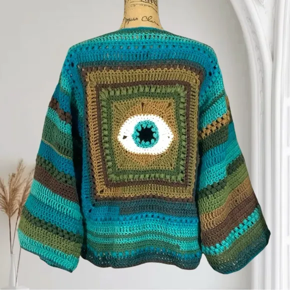 Handmade Crochet Evil Eye Sweater New handcrafted Bohemian Wide Sleeved