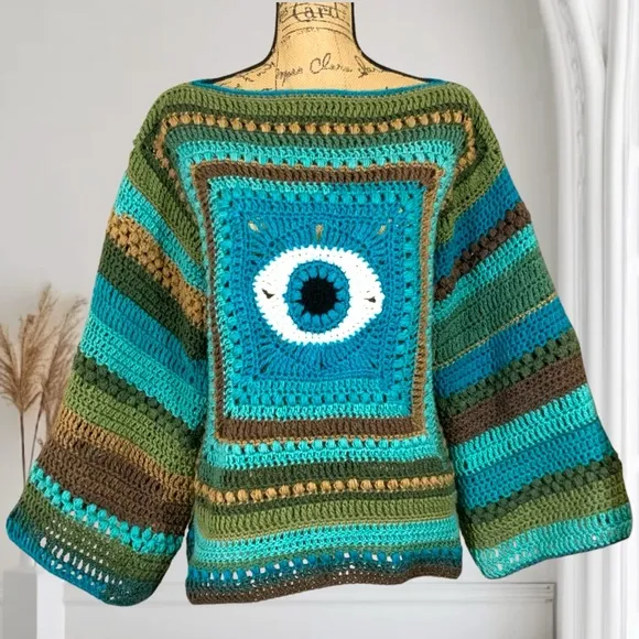 Handmade Crochet Evil Eye Sweater New handcrafted Bohemian Wide Sleeved