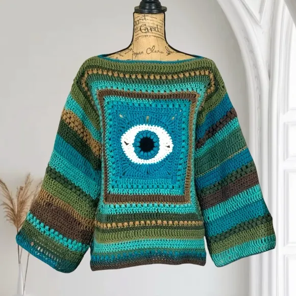 Handmade Crochet Evil Eye Sweater New handcrafted Bohemian Wide Sleeved