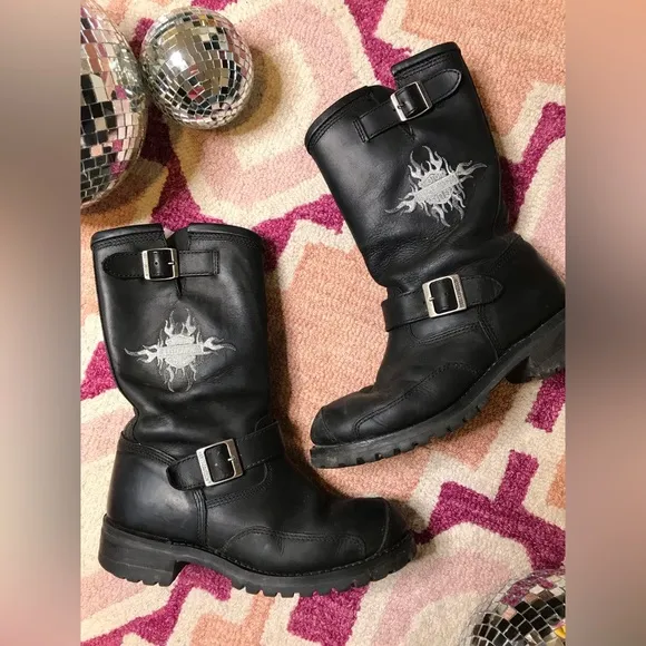 Harley Davidson black buckle grey logo Size 9 Mens Motorcycle Boots used