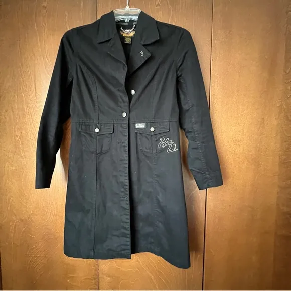Harley Davidson Black Cotton Canvas Jean Trench Coat EUC Sz Small Crisp n’ Clean