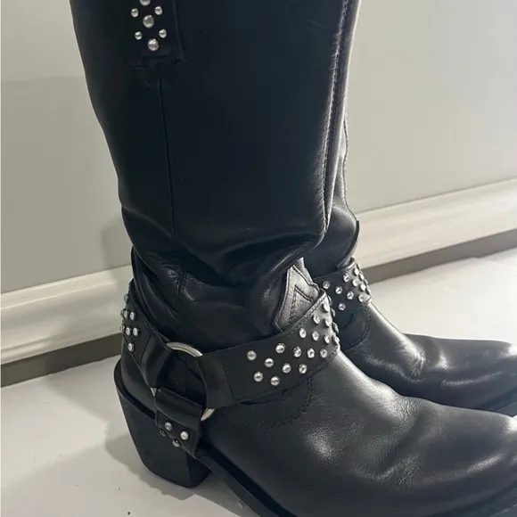 Harley Davidson Black Leather Boots Rhinestone Studded Zip Heeled Women’s 7.5