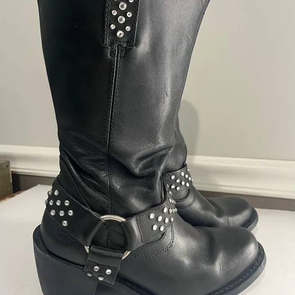 Harley Davidson Black Leather Boots Rhinestone Studded Zip Heeled Women’s 7.5