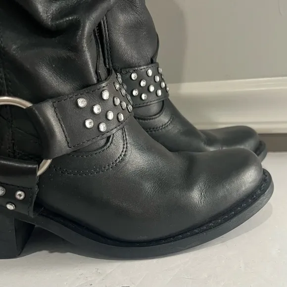 Harley Davidson Black Leather Boots Rhinestone Studded Zip Heeled Women’s 7.5