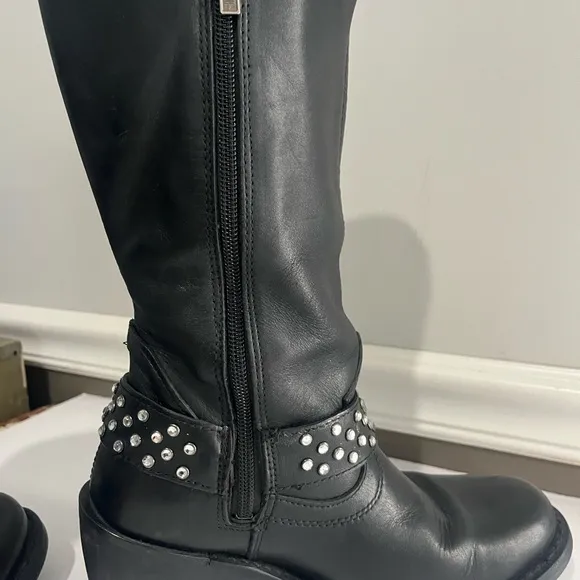 Harley Davidson Black Leather Boots Rhinestone Studded Zip Heeled Women’s 7.5