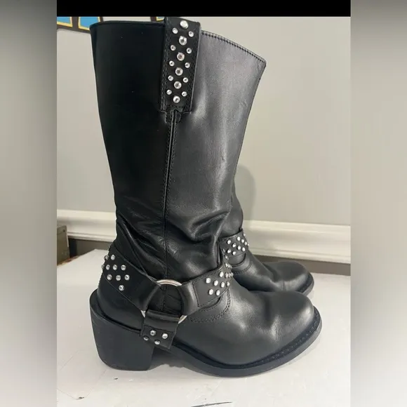 Harley Davidson Black Leather Boots Rhinestone Studded Zip Heeled Women’s 7.5