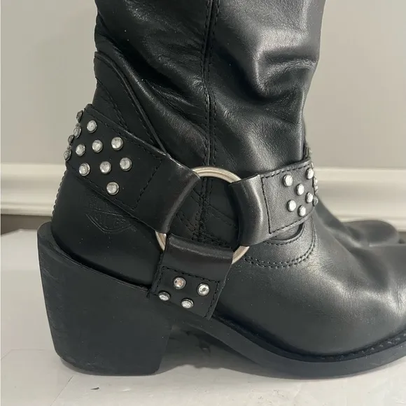 Harley Davidson Black Leather Boots Rhinestone Studded Zip Heeled Women’s 7.5