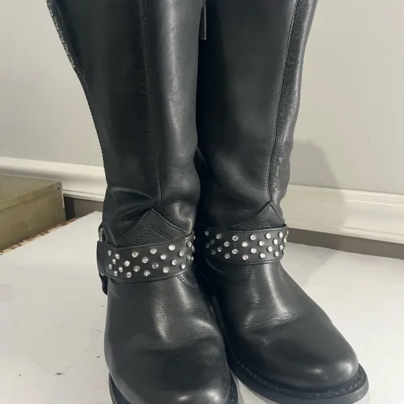 Harley Davidson Black Leather Boots Rhinestone Studded Zip Heeled Women’s 7.5