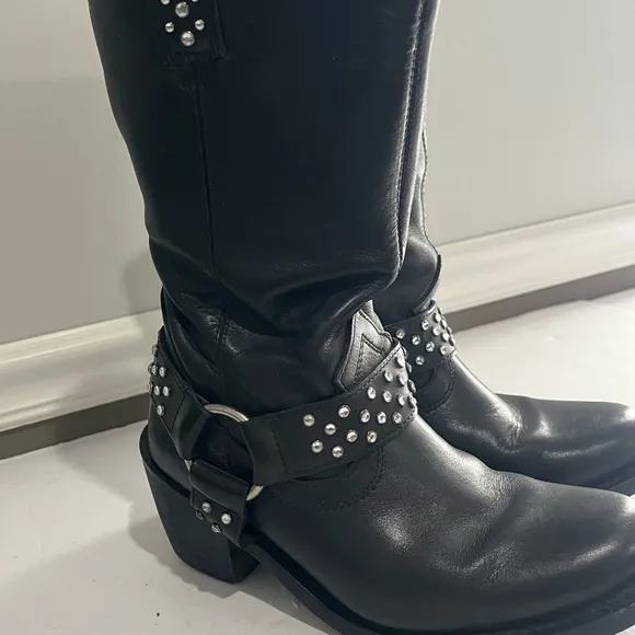 Harley Davidson Black Leather Boots Rhinestone Studded Zip Heeled Women’s 7.5