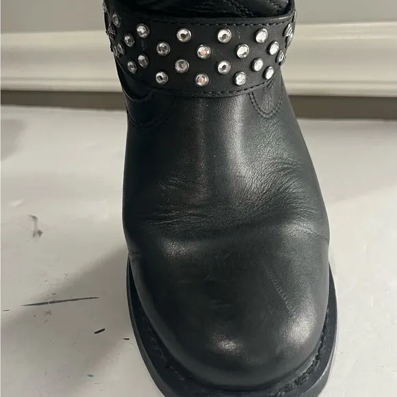 Harley Davidson Black Leather Boots Rhinestone Studded Zip Heeled Women’s 7.5