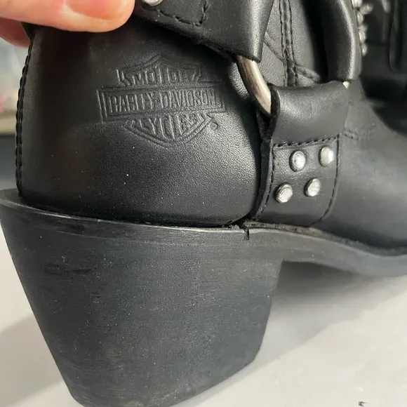 Harley Davidson Black Leather Boots Rhinestone Studded Zip Heeled Women’s 7.5