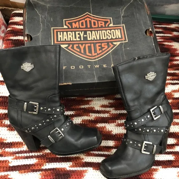 Harley Davidson Black Leather Gothic Biker Motorcycle Grunge Subversive Boots