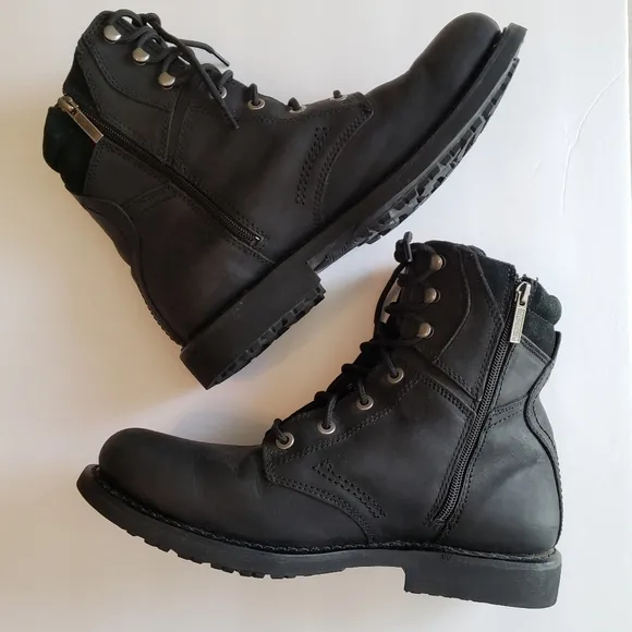 Harley-Davidson HD Black Leather Biker Boots Men's 12 Lace Up &amp; Side Zipper
