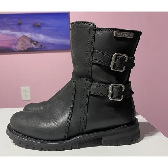 Harley Davidson Leather Boots Womens 7.5 Black Fillon Biker Riding Motorcycle