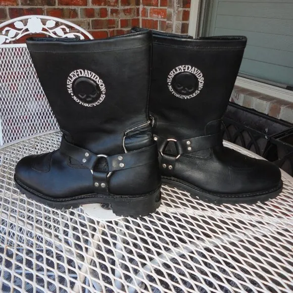 HARLEY DAVIDSON Men's Black Leather Zipper Motorcycle Boots with Pegbar Size 10