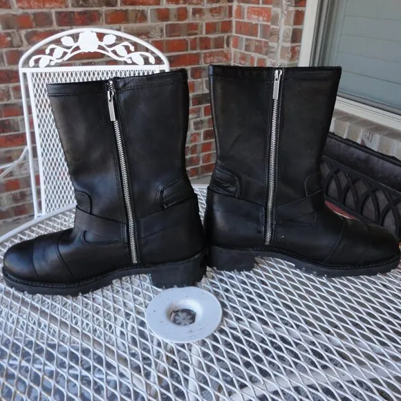 HARLEY DAVIDSON Men's Black Leather Zipper Motorcycle Boots with Pegbar Size 10