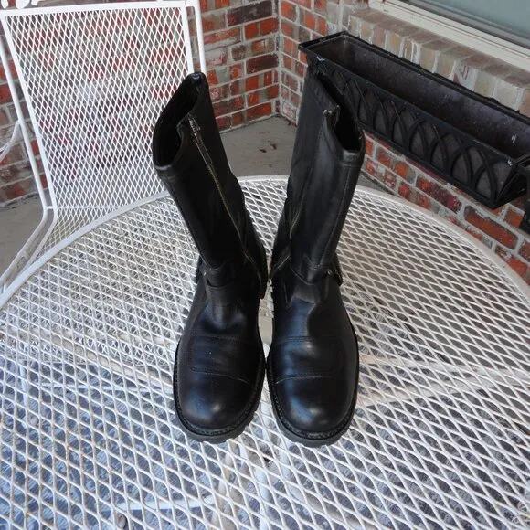HARLEY DAVIDSON Men's Black Leather Zipper Motorcycle Boots with Pegbar Size 10