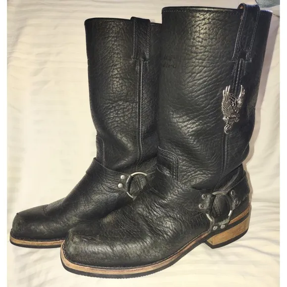 Harley Davidson Riding Boots Sz 11 USA Pebbled Black Leather Distressed Eagle