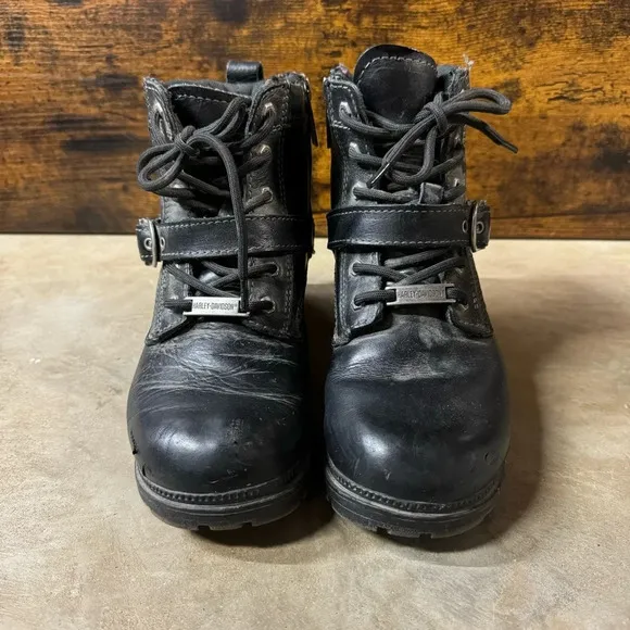Harley Davidson Tegan black leather ankle boots womens 7 motorcycle biker silver