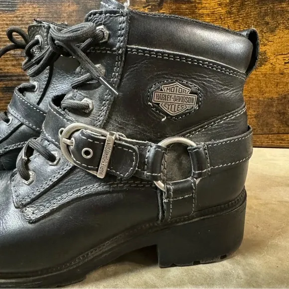 Harley Davidson Tegan black leather ankle boots womens 7 motorcycle biker silver
